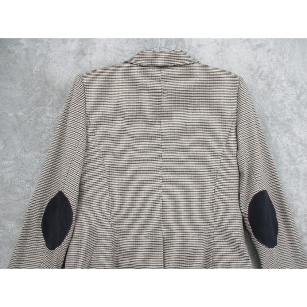 British Khaki Blazer Womens Medium Houndstooth Elbow Patch Academia Preppy Lined - Picture 7 of 10